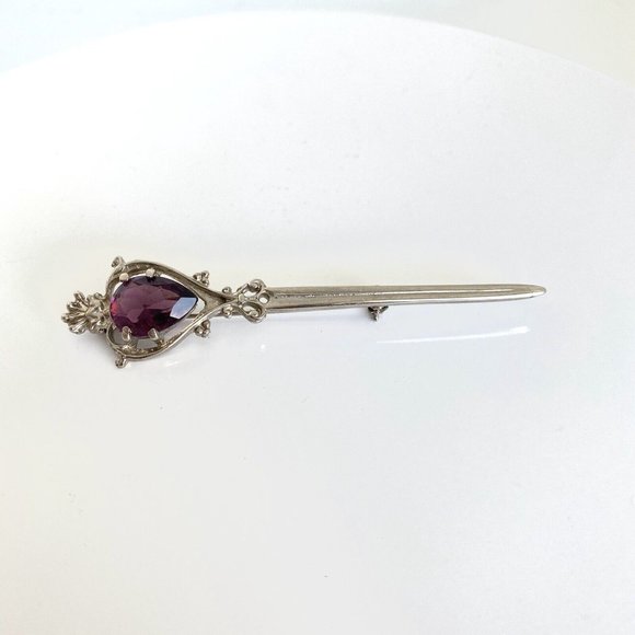 Scotland Silvertone Large Purple Stone Kilt Shawl Pin Sword Crown...143 - Picture 3 of 10